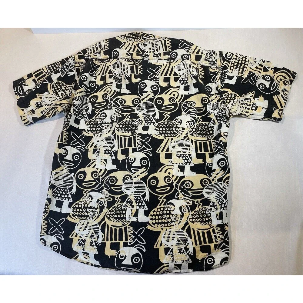 African Tribal Hawaiian Shirt Mens Large Square Buttons Kuta Bali Black Gold VTG
